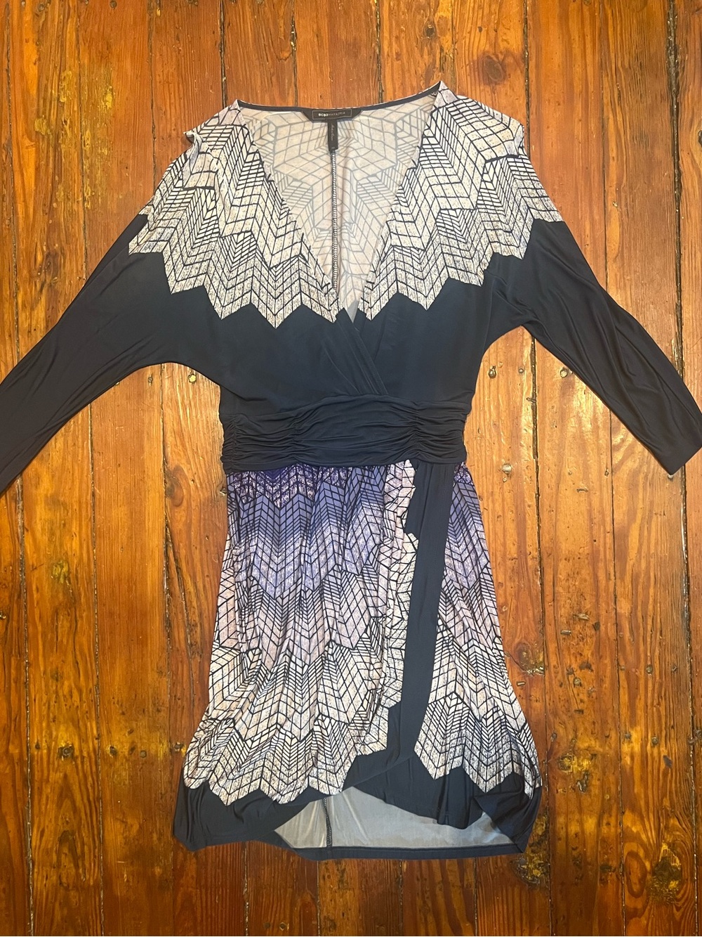 BCBGMaxAzria Black and White Geometric Long Sleeve Dress